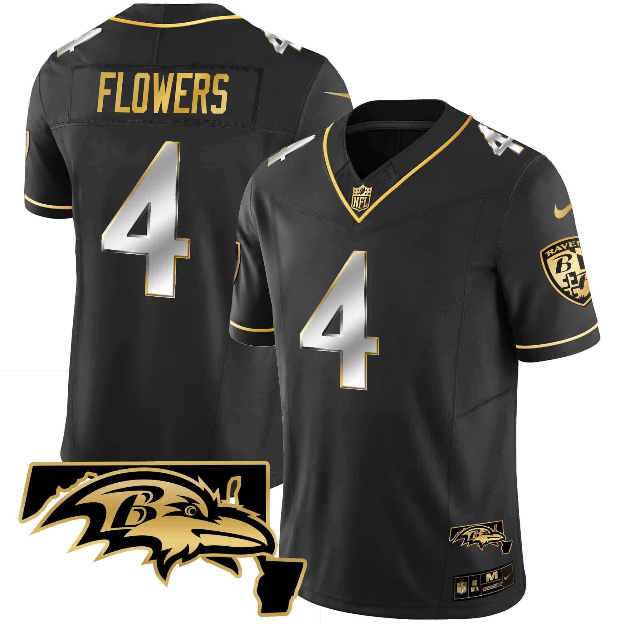 Men Baltimore Ravens #4 Flowers Black Gold 2024 Nike Maryland Patch Vapor Limited NFL Jersey style 1